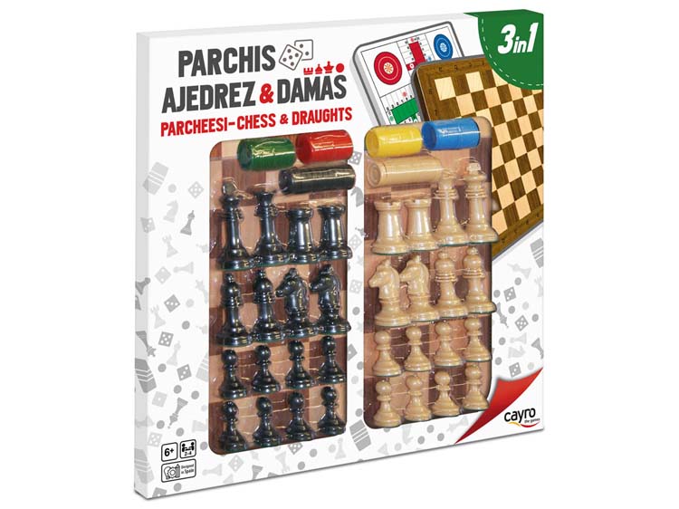 TABLERO PARCHIS- AJEDREZ-DAMAS CON ACCESORIOS 40X40 CM CAYRO